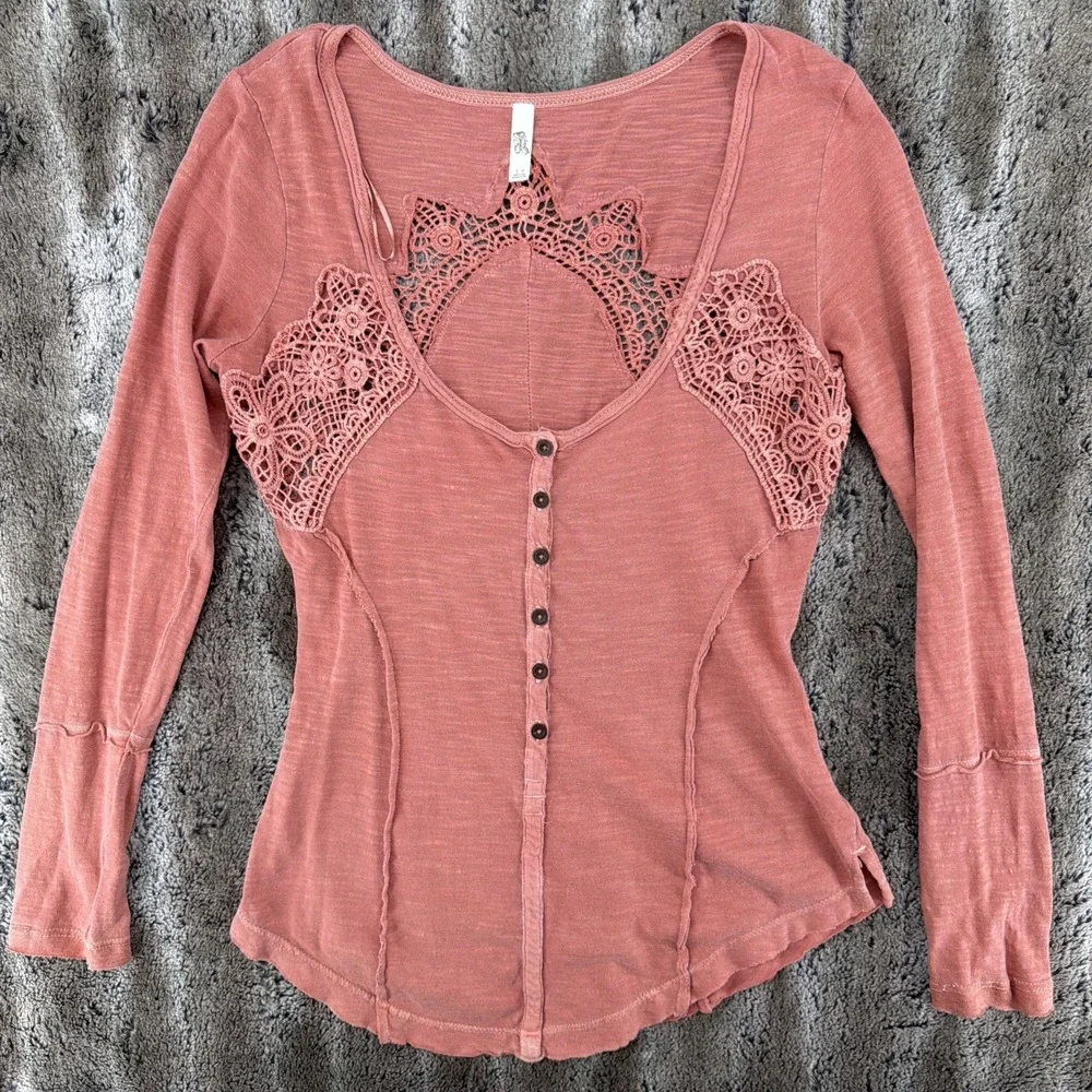 Free People Henley Top Keepsake Crochet Slub Terracotta Pink Small Boho Women's
